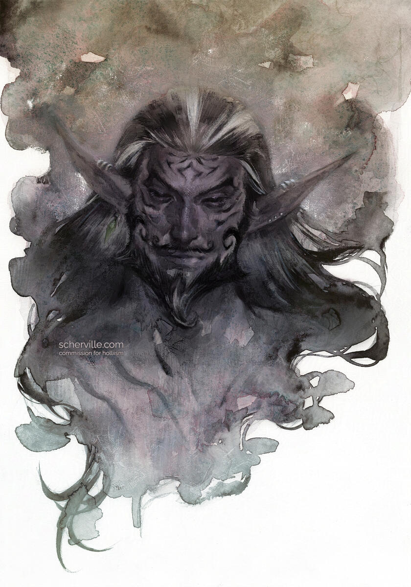 Sendrin - a mixed media portrait created with watercolour and finished in Photoshop, 2025.